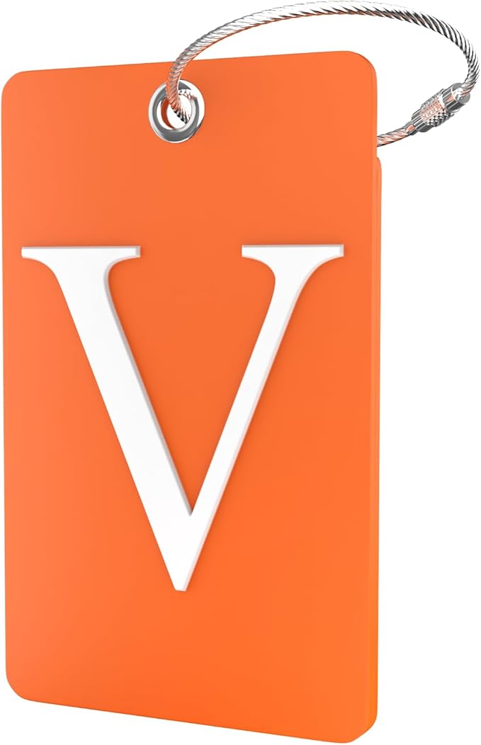 Shacke Luggage Tag Initial – Fully Bendable Tag w/Stainless Steel Loop - Orange (Letter V)
