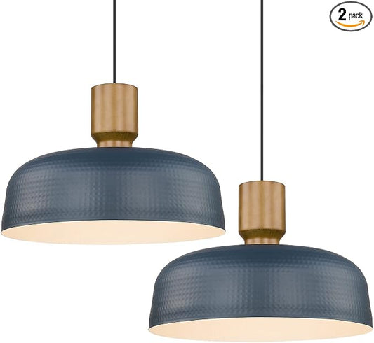 Darkaway Large Industrial Pendant Light Fixtures with Hammered Metal Shade, 2 Pack Blue 18.1inch Oversized Pendant Lighting for Kitchen Island Hanging Lamp Adjustable Height