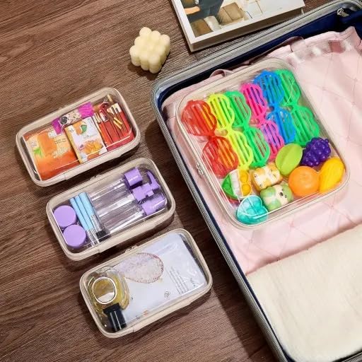 4 pcs Clear Zipper Pouches,Hard Shell Zipper Case, Toiletry Bag for Travel, CLear Diaper Bag, Toiletry Pouch, Travel Organizer, Cosmetic Bag,Toy Storage Bins (M+3S)(Ivory)