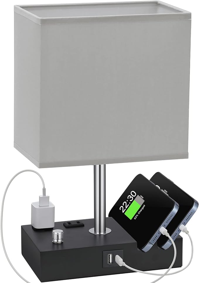 Grey Table Lamp for Bedroom - Stepless Dimmable, USB C+A, 2 AC Outlets | Dimming By Rotary Knob, USB C+A Ports, 2 Phone Stands, LED Bulbs Included, Rectangle Misty Grey Lampshade, for Living Room