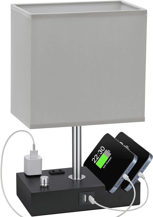 Grey Table Lamp for Bedroom - Stepless Dimmable, USB C+A, 2 AC Outlets | Dimming By Rotary Knob, USB C+A Ports, 2 Phone Stands, LED Bulbs Included, Rectangle Misty Grey Lampshade, for Living Room