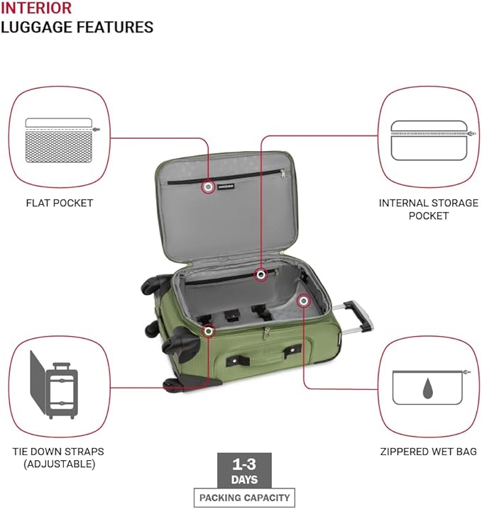 SWISSGEAR Sion Softside Expandable Spinner Luggage Durable Lightweight Travel Suitcase, Evergreen, Carry-On 21-Inch