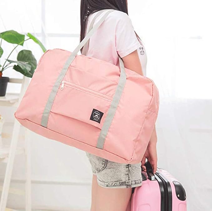 2 Pack Foldable Travel Bag Waterproof Travel Duffel Bag,Women Ladies Man Canvas Weekender Bag Overnight Carry-on Tote Duffel in Trolley Handle (Pink&Blue)…
