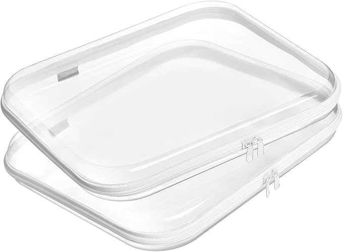YQBRAO Hard Sided Clear Zipper Case for Storage- Professional-Grade Plastic Clear Zipper Pencil Case,Toy Storage Bins, Toiletry Pouch, Travel Organizer, Cosmetic Bag（White,2 Pack, L）