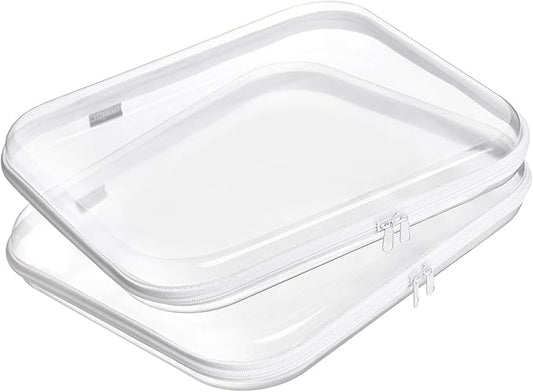 YQBRAO Hard Sided Clear Zipper Case for Storage- Professional-Grade Plastic Clear Zipper Pencil Case,Toy Storage Bins, Toiletry Pouch, Travel Organizer, Cosmetic Bag（White,2 Pack, L）