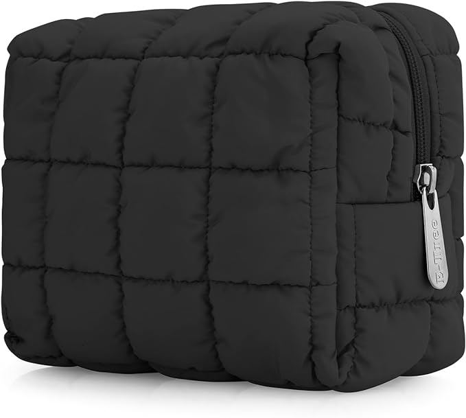 E-Tree Cute Makeup Bag,Quilted Cosmetic Bag,Make up Pouch for Purse,Toiletry Zipper Pouch,Checkered Bag,Travel Case,Storage Pouches for Organization (Black)