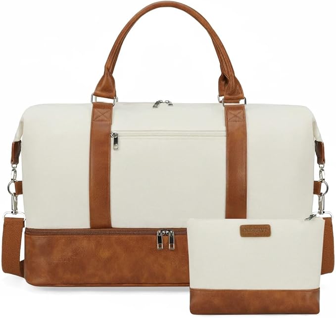 Oeihuivt Weekender Bags for Women - 21 Inch Large Travel Duffel Bag 2-Piece Set with Shoe Compartment, Heavy-Duty Canvas Leather Carry On Overnight Tote
