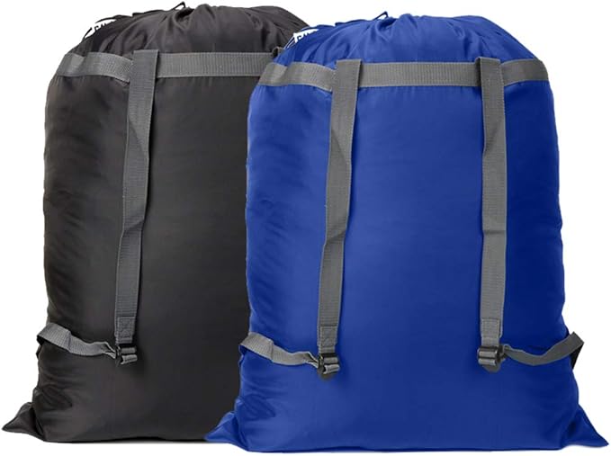 2 Pack Laundry Bag Backpack, 27” x 34”Sturdy Laundry Bag with Shoulder Straps Drawstring Closure Heavy Duty Foldable Laundry Backpack for College, Travel, Laundromat, Apartment (Black Blue)
