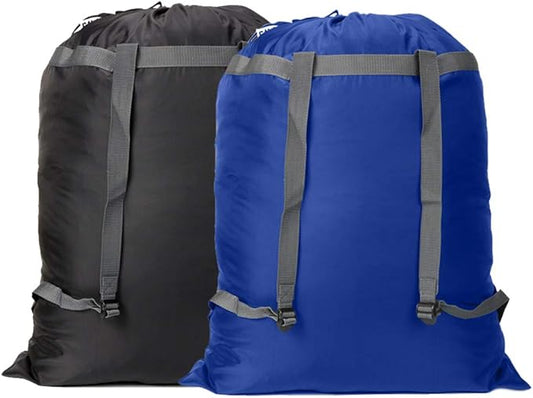 2 Pack Laundry Bag Backpack, 27” x 34”Sturdy Laundry Bag with Shoulder Straps Drawstring Closure Heavy Duty Foldable Laundry Backpack for College, Travel, Laundromat, Apartment (Black Blue)