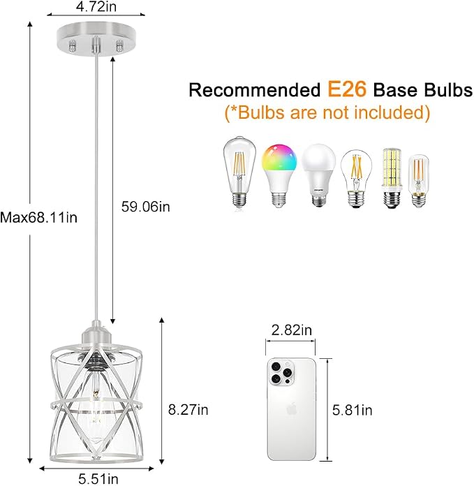 Brushed Nickel Pendant Lights for Kitchen Island, 2 Pack Adjustable Bathroom Pendant Light, Modern Hanging Lights with Clear Glass for Dining Room Island Sink, E26 Base,5.51'' Shade 59.06''Cord