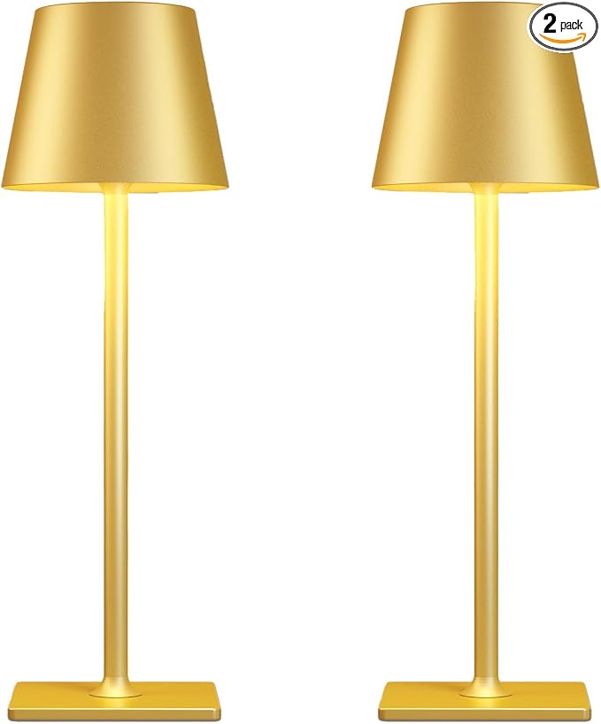 Yogaret Gold Rechargeable Cordless Table Lamp, Battery Operated, 2 Pack | 6000mAh battery lamps waterproof wireless portable design for outdoor patio, dining tables, kitchens, restaurants home bar