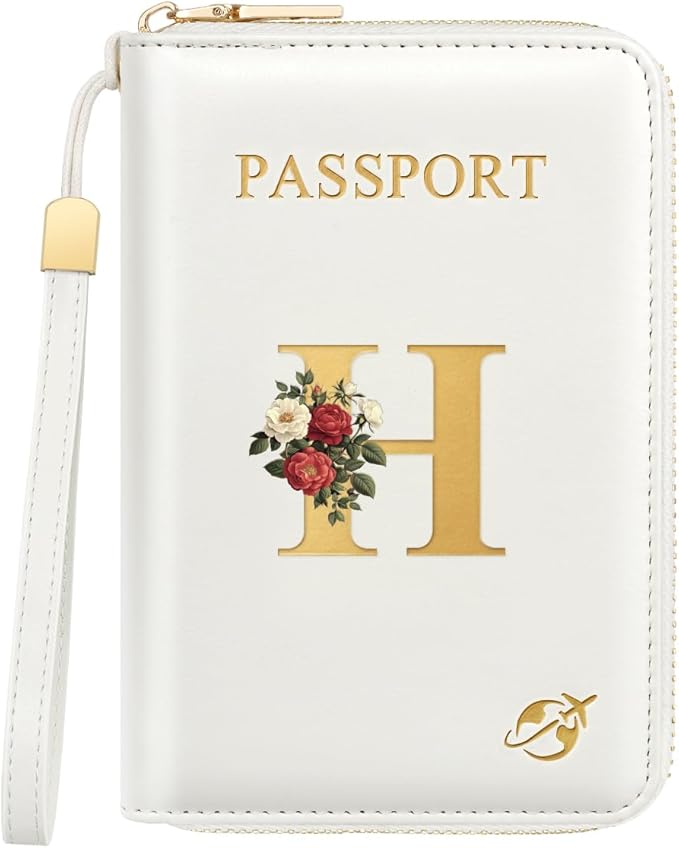 Passport Holder for Travel Personalized Passport Holder Initial Letter Rose Flower RFID Blocking Travel Wallets Credit Cards Holder for Women Men, White H