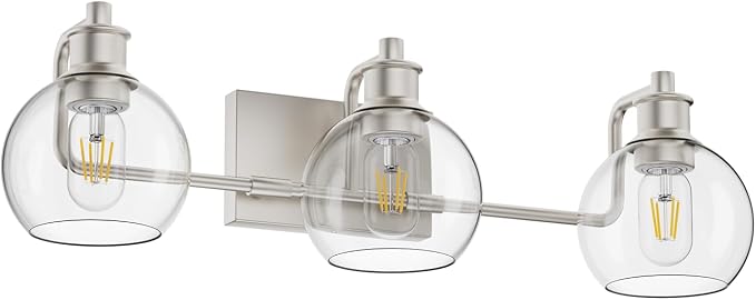Tipace Bathroom Light Fixtures Brushed Nickel Vanity Light 3 Light Wall Sconces Lighting with Clear Globe Glass Shades Bath Wall Lamp for Mirror Kitchen Living Room Bedroom Hallway(Exclude Bulb)