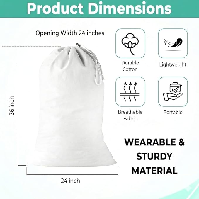 2 Pack - Cotton Laundry Bag, Heavy Duty Large Laundry Bags 24 x 36 inch Drawstring Travel Organizer Bag Fit Hamper Basket Camp (WHITE, Pack of 2)