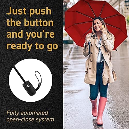 Windproof Compact Umbrella for Rain - 42” Travel Umbrella, Portable, Strong, Collapsible to 11”, Automatic Open Close Button, Vented Double Canopy with Fiberglass/Steel Frame, Wind Resistance to 55MPH