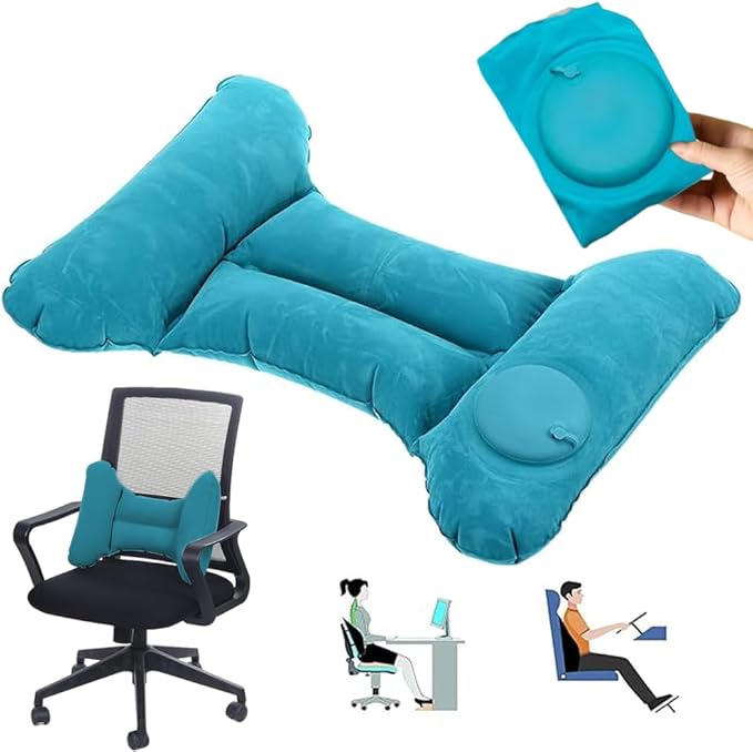 Foldable Inflatable Lumbar Support Pillow,H-Type Self Pressing Inflation Pillow for Office Chair and Airplane Travel Seat,Back Pain Relief Improve Posture (Teal Blue)