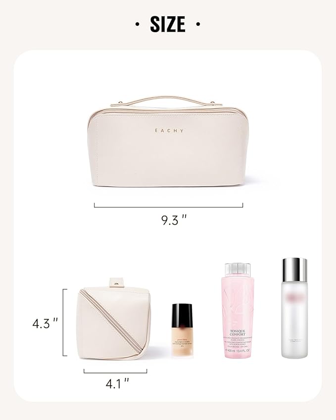 EACHY Travel Makeup Bag, Large Capacity Cosmetic Bag for Women, Waterproof PU Leather, Flat Open Portable Toiletry Bag for Skincare, Brushes & Travel Essentials