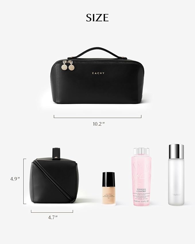 EACHY Travel Makeup Bag, Large Capacity Cosmetic Bag for Women, Waterproof PU Leather, Flat Open Portable Toiletry Bag for Skincare, Brushes & Travel Essentials