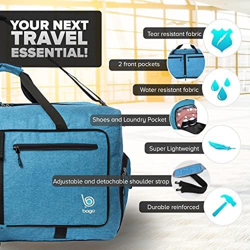 Bago Medium Duffle Bag for Travel Women & Men. Durable Lightweight Foldable Travel Duffel Bags For Traveling Women. 60L Duffle Bags For Overnight Bag With Shoe Compartment Collapsible Weekender duffel
