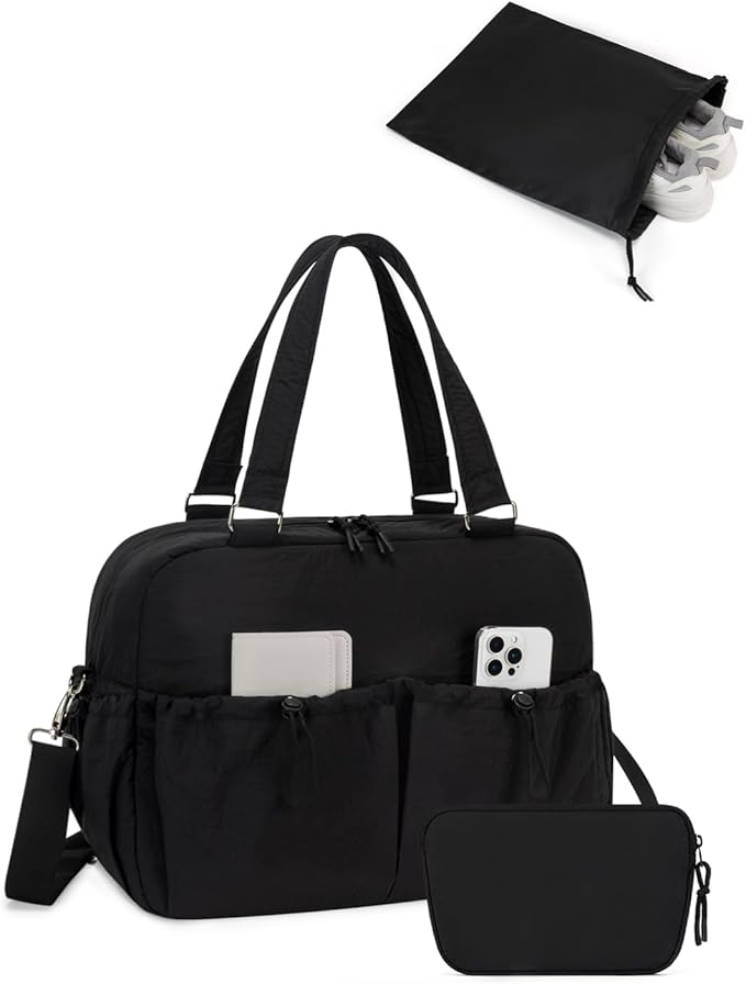 Carry On Duffle Bag with 15.6 Inch Laptop Compartment, Gym Bag for Women with Wet Pocket, Shoe Bag and Toiletry Pouch, Personal Item Travel Duffel Weekender Overnight Bags, Black