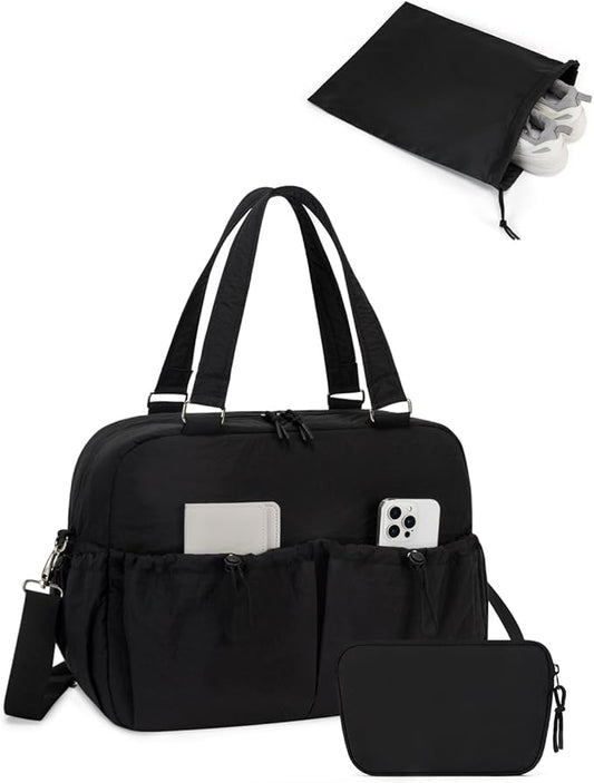 Carry On Duffle Bag with 15.6 Inch Laptop Compartment, Gym Bag for Women with Wet Pocket, Shoe Bag and Toiletry Pouch, Personal Item Travel Duffel Weekender Overnight Bags, Black