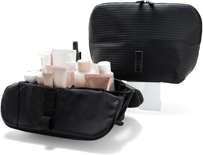 THE VERTI-Vertical Waterproof Makeup & Toiletry Bag | 23-Pocket Organizer with Upright, Fold-Down Design for Skincare, Toiletries & Essentials (Onyx, Medium)