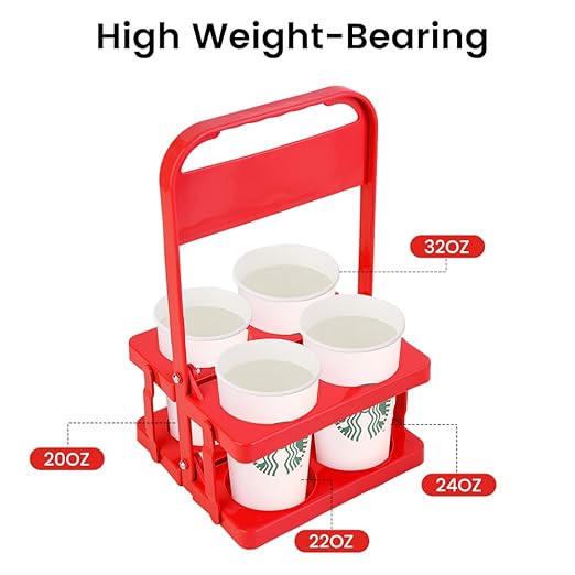 Bodaon 4 Cup Drink Carrier with Handle, Plastic Cup Carriers for Drinks, Drink Holder for Car, Take Out Delivery Drivers Accessories, Portable Foldable Reusable Mobile, Use for Food Delivery Bag, Red