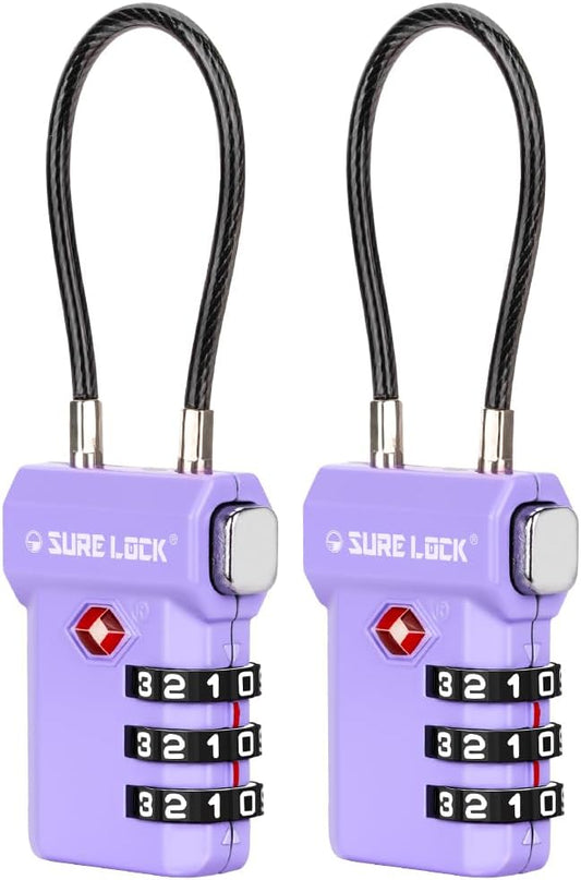 SURE LOCK TSA Approved Luggage Locks – 3-Digit Combination Cable Lock with Red Indicator, Large Dial & Easy-Press Button for Suitcases and Backpacks – Multi-Pack & Color Options
