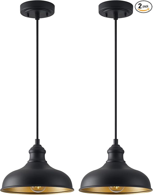 10in Dome Outdoor Pendant Barn Light Fixture Farmhouse Style Black Pendant Lighting Kitchen Island Hanging Lamp for House, 2 Pack Entrance Pendant Mount Lights with Brass Interio, Adjustable