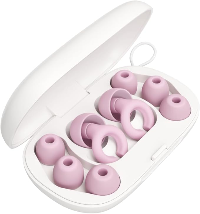 Hush Hoops Ear Plugs, Ultra-Soft Reusable Noise Reducing Earplugs with Horseshoe Shape for Comfort, 4 Tip Sizes for Customizable Fit, 17dB (NRR) Noise Reduction Rating, Pink, 1 Pair with Travel Case