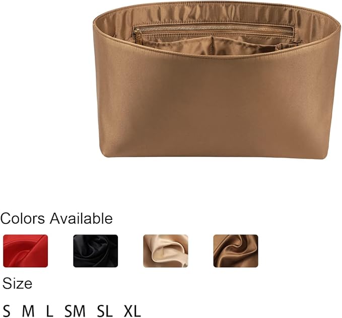 ZTUJO Purse Organizer Insert For Handbags, Silk Purse Organizer with Zipper, Silky Smooth, Bag Organizer For Speedy Neverfull Tote,onthego,Artsy, 6 Sizes (Slender Large, Silky Brown)