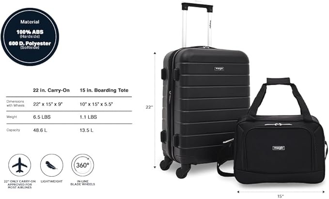 Wrangler Smart Luggage Set with Cup Holder, USB Port and Phone Holder, Black, 2 Piece Set