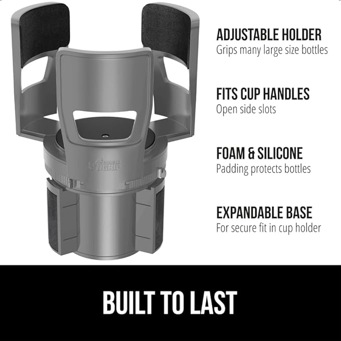 GORILLA GRIP Patent Pending Adjustable Car Cup Holder Expander, Keeps Water Bottle Secure, Expands to Fit 18 to 48 oz Large Bottles, Yeti, Owala, Stanley with Handle, Coffee Mug Insert for Cars, Gray