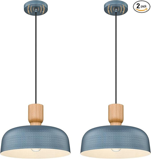 Darkaway Dusk to Dawn Industrial Pendant Light Fixtures Ceiling Hanging with Hammered Metal Shade, 2pcs Blue Pendant Light for Outdoor Porch Lighting Hanging Lamp Adjustable Height
