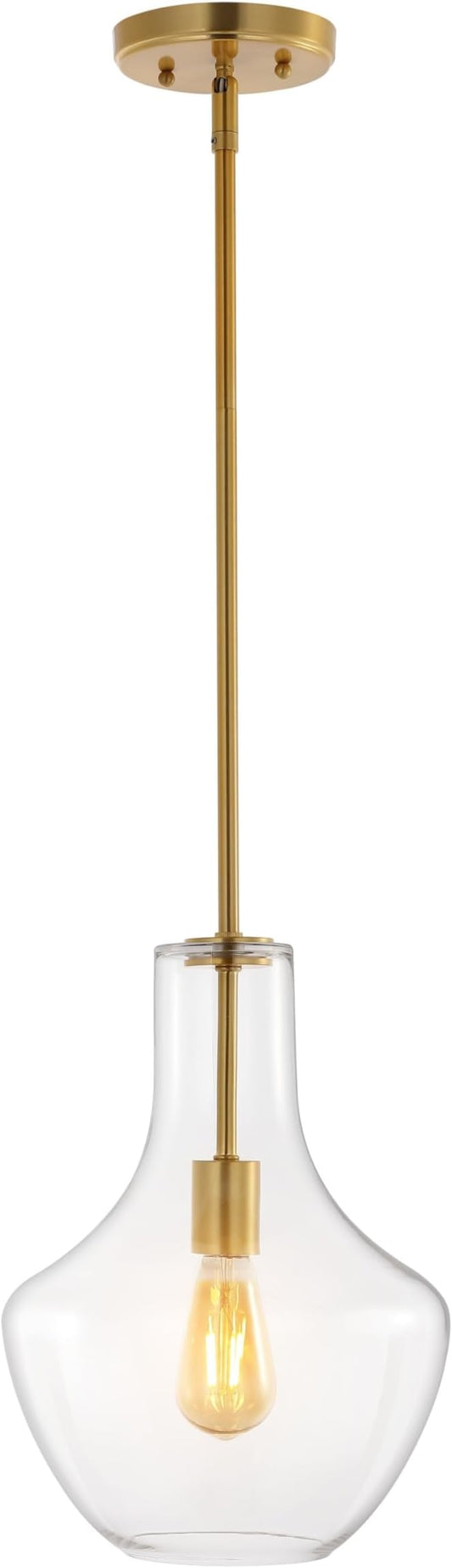JONATHAN Y Watts Schoolhouse 10.5" Pendant Light, Brass Gold/Clear | 1-Light, Mid-Century Modern Style, Metal Hanging Lamp, Adjustable, Kitchen Island Fixture, Glass Shade, LED Bulb Included
