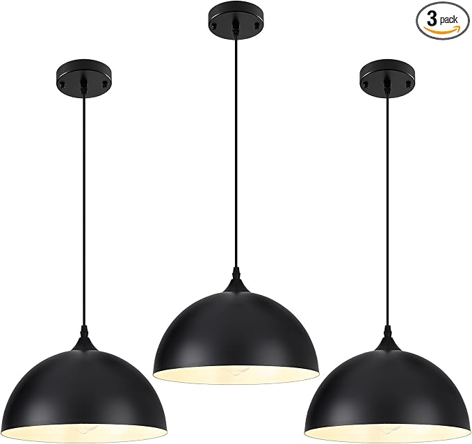 Black Pendant Light,11.8" Industrial Dome Pendant Lights Kitchen Island,Adjustable Farmhouse Hanging Lamp for Dining Room Bedroom Restaurant Bar Cafe,3 Pack