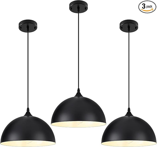 Black Pendant Light,11.8" Industrial Dome Pendant Lights Kitchen Island,Adjustable Farmhouse Hanging Lamp for Dining Room Bedroom Restaurant Bar Cafe,3 Pack