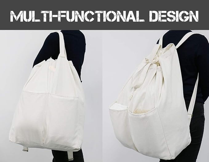 100% Breathable Cotton Canvas Laundry Backpack Bags with Drawstring Closure & Shoulder Straps & 2 Handles, Washable in Machine, Good for Laundromat, Clean Store, College Dormitory, Travel Duffel Bag
