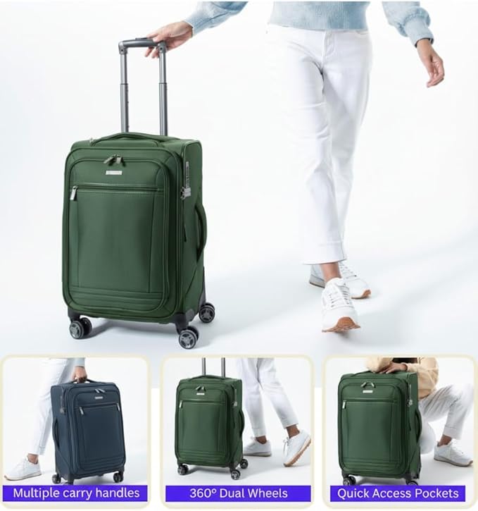Ricardo Beverly Hills Avalon Softside 2-Piece Luggage Set Made with Sustainable 100% Recycled PET (rPET), Lightweight, Eco-Friendly Travel, Expandable, Dual Spinner Wheels, Juniper Green, (20" & 24")