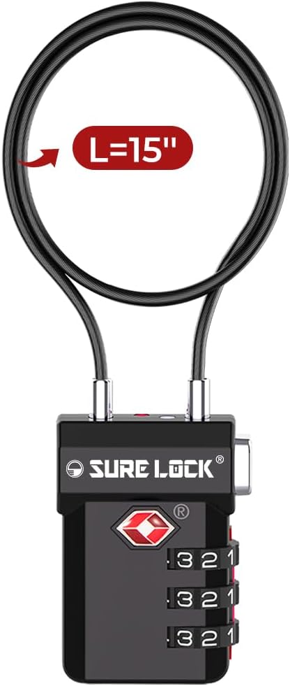 SURE LOCK TSA Approved Luggage Locks – 3-Digit Combination Cable Lock with Red Indicator, Large Dial & Easy-Press Button for Suitcases and Backpacks – Multi-Pack & Color Options