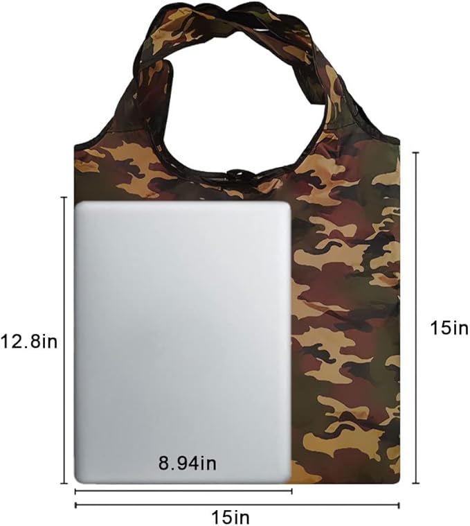 Aricsen 20 Pack 15x4.5x15 Inch Camo Reusable Shopping Bags with Handles Bulk, Foldable Grocery Bags, Machine Washable Durable Nylon Tote Bags, Polyester Fabric Cloth