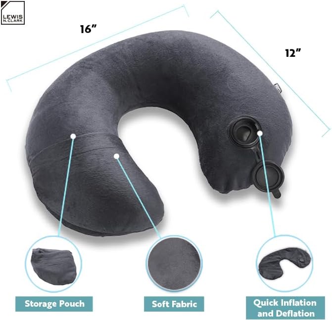 Lewis N Clark Compact Portable Adjustable and Inflatable Cervical Neck Pillow for Travel, Gray