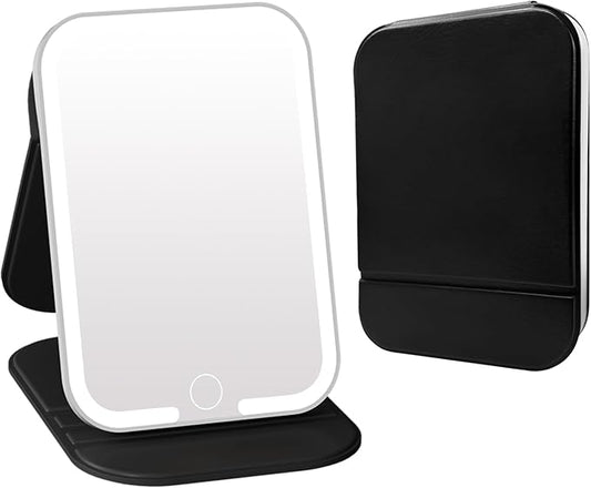 Rechargeable Travel Mirror with Light, LED Makeup Mirror with Lights, Portable Vanity Mirror with 3 Color Lighting, Touch Dimmable Lighted Cosmetic Mirror, Travel Essentials (Black)