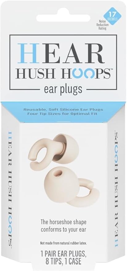 Hush Hoops Ear Plugs, Ultra-Soft Reusable Noise Reducing Earplugs with Horseshoe Shape for Comfort, 4 Tip Sizes for Customizable Fit, 17dB (NRR) Noise Reduction Rating, Cream, 1 Pair with Travel Case