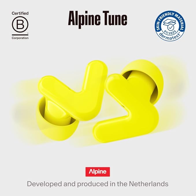 Alpine Tune Earplugs, Concert Ear Plugs for Noise Reduction, High Fidelity Music Quality, 19dB Hearing Protection with Crystal Clear Sound, Incl. 4 Sizes, For Parties, Raves, Festivals & Clubs, Yellow