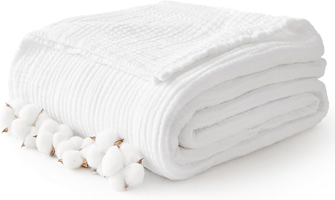 100% Cotton Muslin Blanket Large 50" x 70", 6 Layers Breathable and Lightweight Cotton Blankets for Bed and Couch, Quilt Bedspread, Gauze Throw for Adults, White