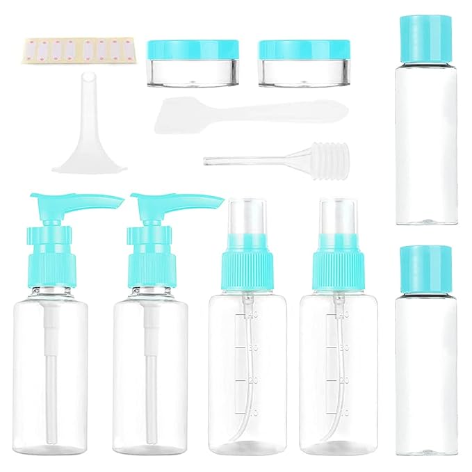 Vitog Travel Bottles Kit, TSA Approved Leak Proof Portable Toiletry Containers Set, Clear flight size PET Cosmetic Containers for Lotion, Shampoo, Cream, Soap, Set of 11 (Blue+Plastic)