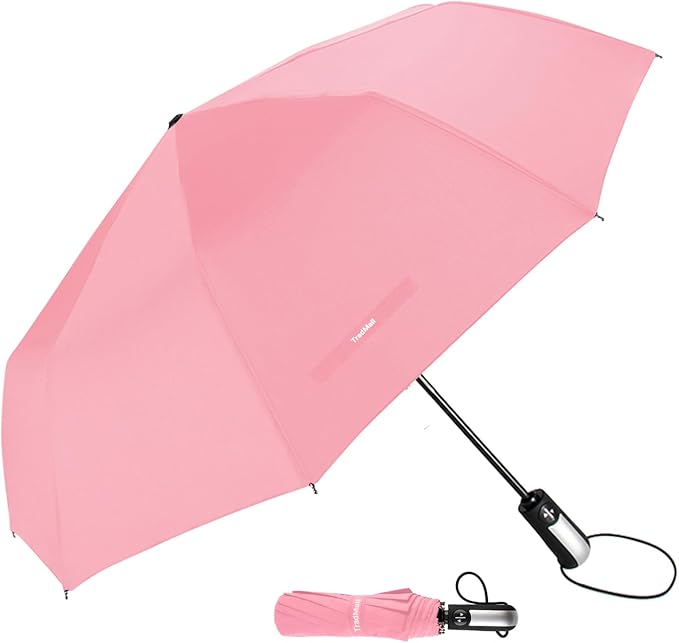 TradMall Travel Umbrella Windproof with 46 Inches Large Canopy 10 Reinforced Fiberglass Ribs Ergonomic Handle Auto Open & Close, Pink