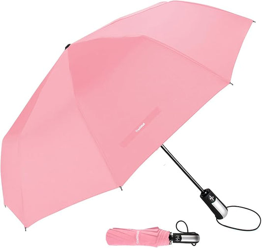 TradMall Travel Umbrella Windproof with 56 Inches Large Canopy 10 Reinforced Fiberglass Ribs Ergonomic Handle Auto Open & Close, Pink
