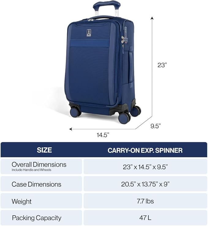 Travelpro VersaPack+ Lightweight Softside Expandable Carry on Luggage, 8 Spinner Suitcase, TSA Lock, Men and Women, Carry On 21-Inch, Estate Blue